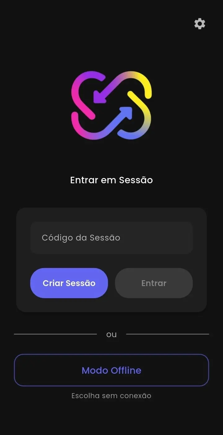Tela inicial do aplicativo WeSync mostrando opções para criar ou entrar em uma sessão